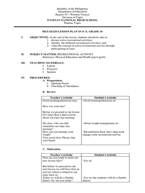 Detailed Lesson Plan in P.E. (Recreational Activities) .